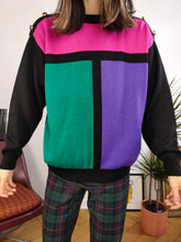 Load image into Gallery viewer, Vintage 80s style knit sweater color blocking black pink purple green knitted pullover jumper S-M
