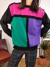 Load image into Gallery viewer, Vintage 80s style knit sweater color blocking black pink purple green knitted pullover jumper S-M
