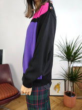 Load image into Gallery viewer, Vintage 80s style knit sweater color blocking black pink purple green knitted pullover jumper S-M
