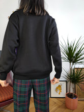 Load image into Gallery viewer, Vintage 80s style knit sweater color blocking black pink purple green knitted pullover jumper S-M

