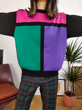 Load image into Gallery viewer, Vintage 80s style knit sweater color blocking black pink purple green knitted pullover jumper S-M
