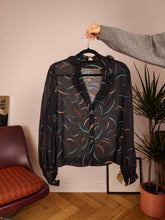 Load image into Gallery viewer, Vintage blouse peacock black sheer transparant ruffles animal print pattern women S-M
