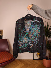 Load image into Gallery viewer, Vintage blouse peacock black sheer transparant ruffles animal print pattern women S-M
