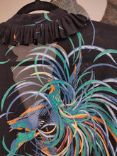 Load image into Gallery viewer, Vintage blouse peacock black sheer transparant ruffles animal print pattern women S-M
