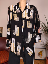 Load image into Gallery viewer, Vintage blouse viscose black art crazy print geometrical pattern shirt women M-L
