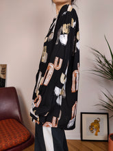 Load image into Gallery viewer, Vintage blouse viscose black art crazy print geometrical pattern shirt women M-L
