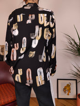 Load image into Gallery viewer, Vintage blouse viscose black art crazy print geometrical pattern shirt women M-L
