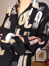 Load image into Gallery viewer, Vintage blouse viscose black art crazy print geometrical pattern shirt women M-L
