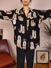 Load image into Gallery viewer, Vintage blouse viscose black art crazy print geometrical pattern shirt women M-L

