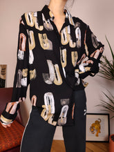 Load image into Gallery viewer, Vintage blouse viscose black art crazy print geometrical pattern shirt women M-L
