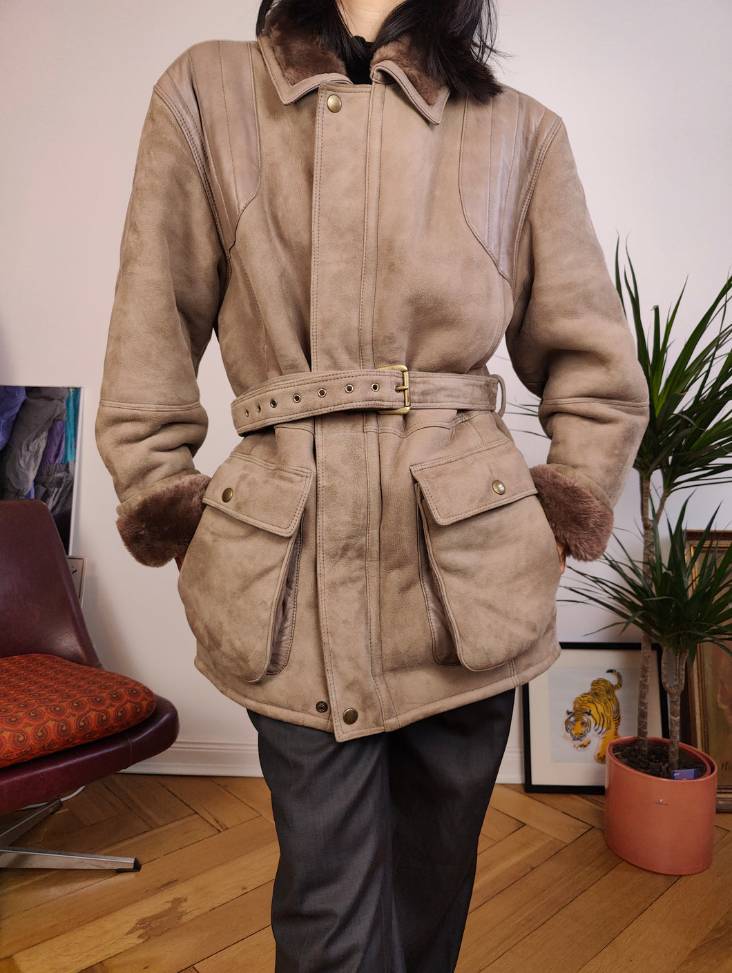 Vintage genuine shearling leather coat brown beige suede sheepskin lambskin sherpa winter IT50 M-L