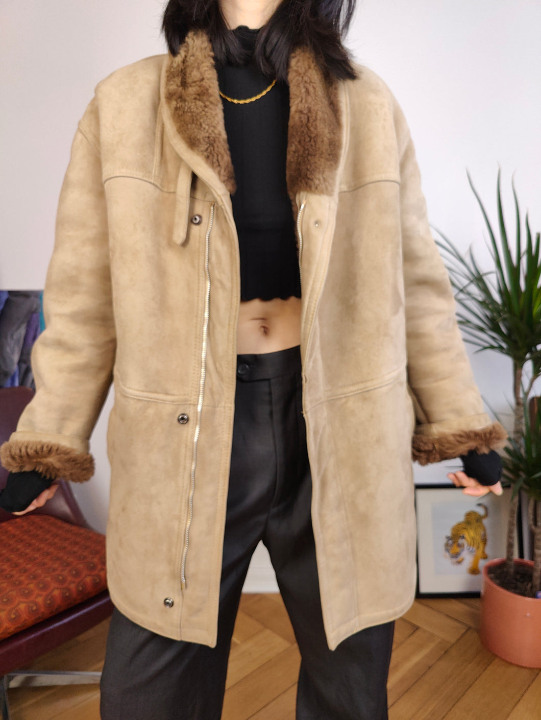 Vintage genuine shearling leather coat beige cream brown suede sheepskin lambskin sherpa winter IT46 S-M