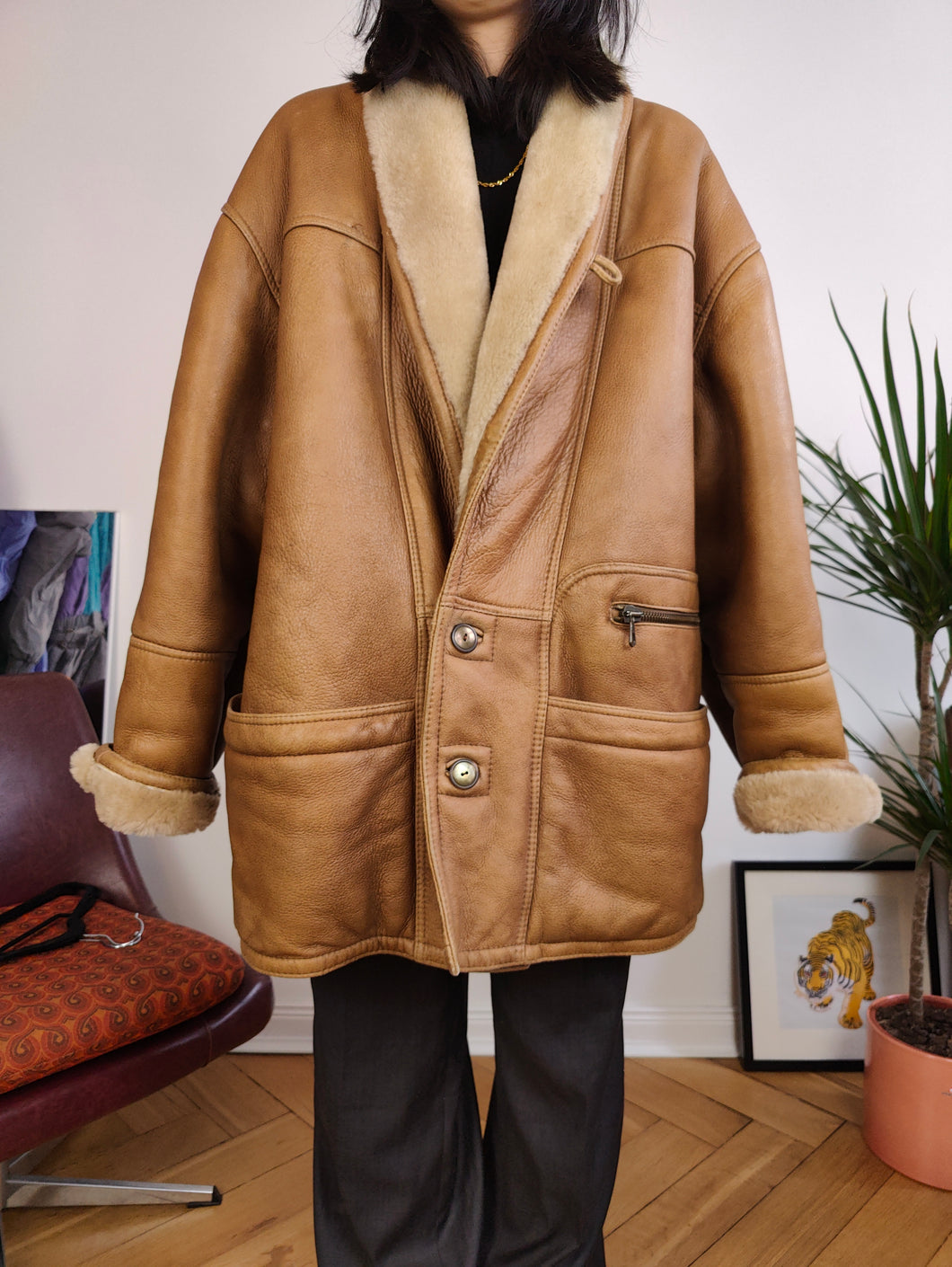 Vintage genuine shearling leather coat tan brown sheepskin lambskin sherpa winter IT52 L-XL