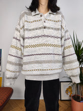Load image into Gallery viewer, Vintage wool mix knit polo sweater white cream knitted winter pattern pullover jumper unisex men 56-58 L-XL
