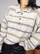 Load image into Gallery viewer, Vintage wool mix knit polo sweater white cream knitted winter pattern pullover jumper unisex men 56-58 L-XL
