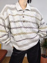 Load image into Gallery viewer, Vintage wool mix knit polo sweater white cream knitted winter pattern pullover jumper unisex men 56-58 L-XL
