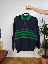Load image into Gallery viewer, Vintage wool mix knit polo sweater navy blue green stripe knitted pullover jumper unisex men M
