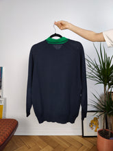 Load image into Gallery viewer, Vintage wool mix knit polo sweater navy blue green stripe knitted pullover jumper unisex men M
