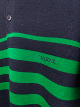 Load image into Gallery viewer, Vintage wool mix knit polo sweater navy blue green stripe knitted pullover jumper unisex men M
