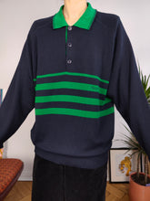 Load image into Gallery viewer, Vintage wool mix knit polo sweater navy blue green stripe knitted pullover jumper unisex men M

