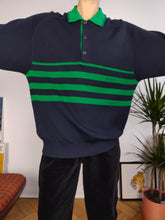 Load image into Gallery viewer, Vintage wool mix knit polo sweater navy blue green stripe knitted pullover jumper unisex men M
