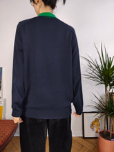 Load image into Gallery viewer, Vintage wool mix knit polo sweater navy blue green stripe knitted pullover jumper unisex men M
