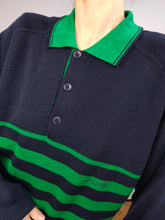 Load image into Gallery viewer, Vintage wool mix knit polo sweater navy blue green stripe knitted pullover jumper unisex men M
