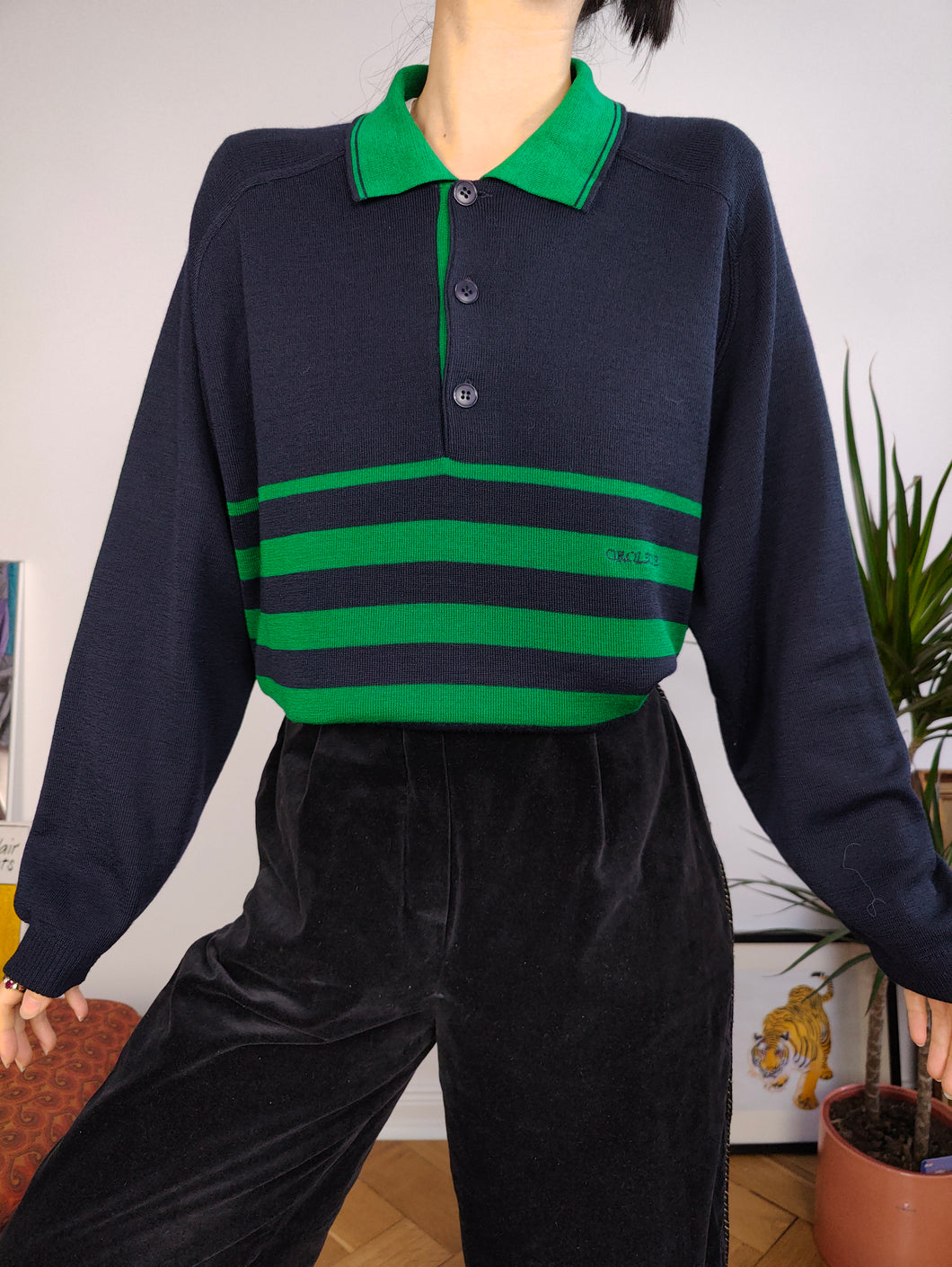Vintage wool mix knit polo sweater navy blue green stripe knitted pullover jumper unisex men M