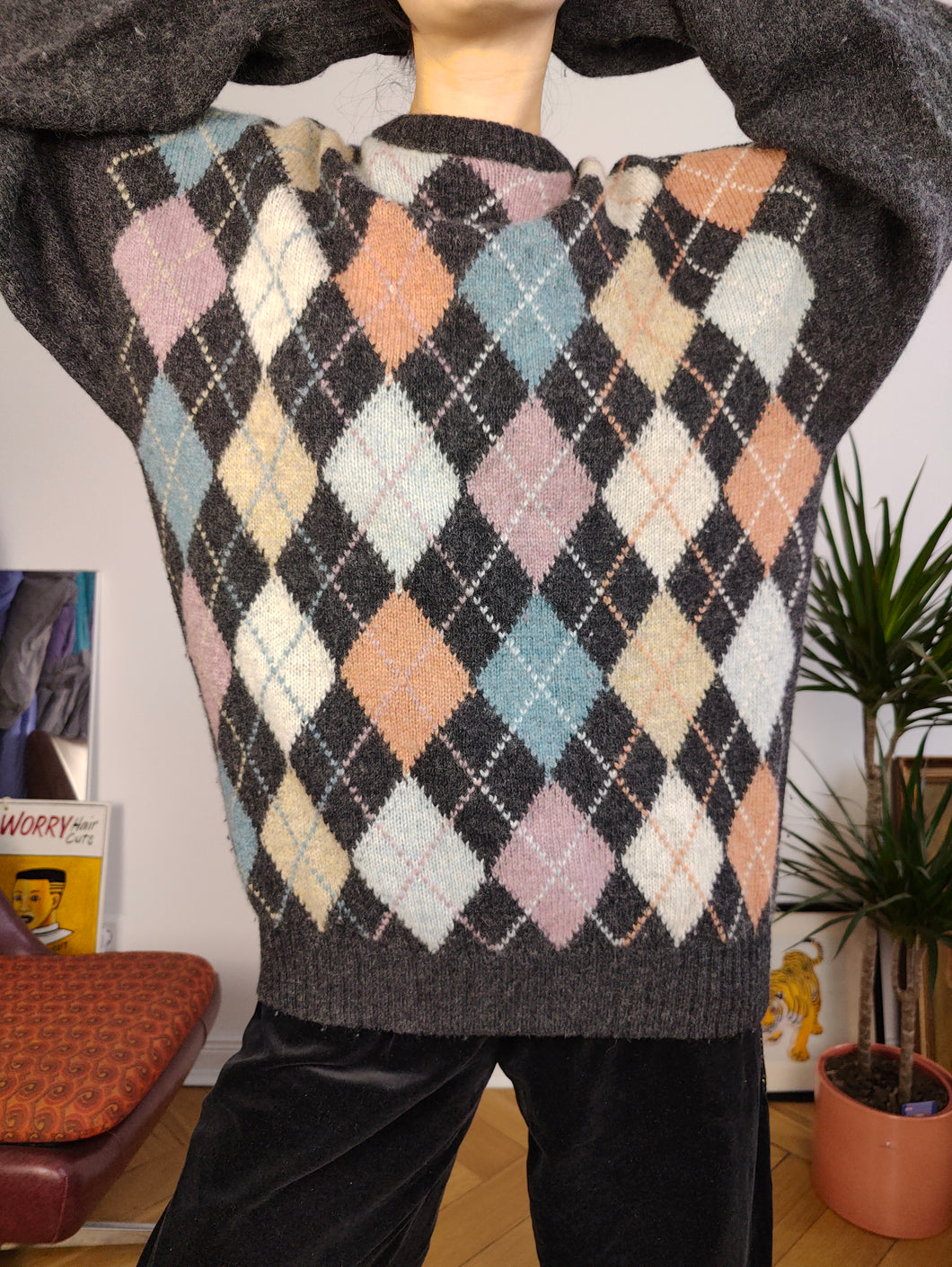 Vintage 100% wool knit sweater grey pink diamond pattern knitted pullover women M-L