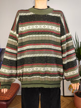Load image into Gallery viewer, Vintage wool mix knit sweater Christmas Xmas winter turtle neck pattern khaki green knitted pullover jumper unisex men L
