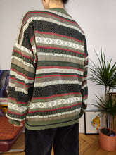 Load image into Gallery viewer, Vintage wool mix knit sweater Christmas Xmas winter turtle neck pattern khaki green knitted pullover jumper unisex men L
