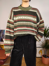 Load image into Gallery viewer, Vintage wool mix knit sweater Christmas Xmas winter turtle neck pattern khaki green knitted pullover jumper unisex men L
