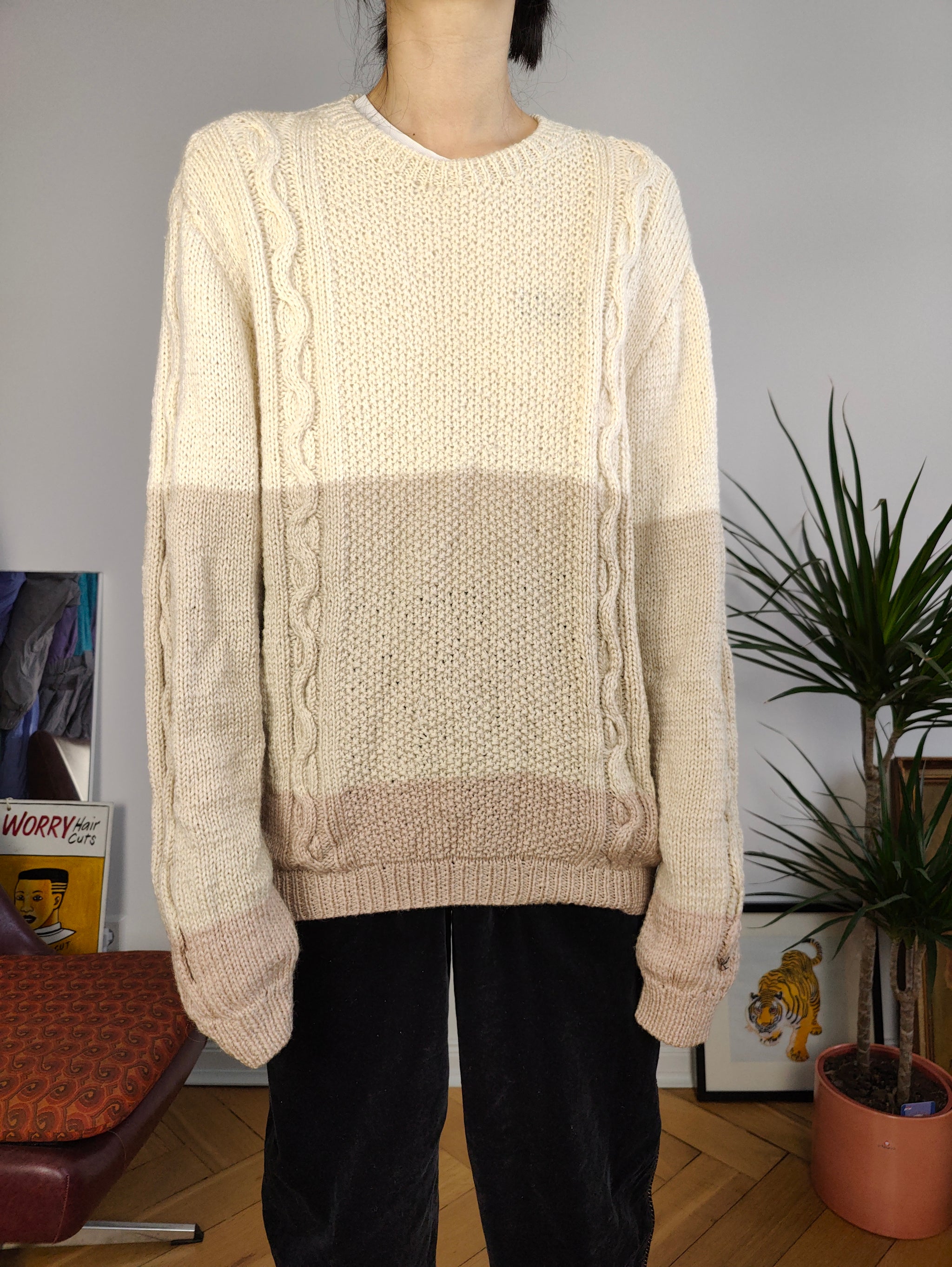 Vintage sweater cable knit cream white plain knitted pullover jumper l –  The Vintage Takeaway