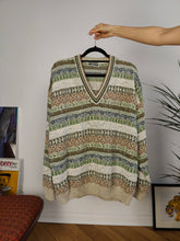 Load image into Gallery viewer, Rare vintage 80s College by Marcazzani cotton blend knit sweater pattern cream green knitted pullover jumper unisex men M-L
