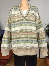 Load image into Gallery viewer, Rare vintage 80s College by Marcazzani cotton blend knit sweater pattern cream green knitted pullover jumper unisex men M-L
