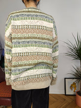 Load image into Gallery viewer, Rare vintage 80s College by Marcazzani cotton blend knit sweater pattern cream green knitted pullover jumper unisex men M-L
