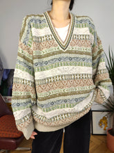 Load image into Gallery viewer, Rare vintage 80s College by Marcazzani cotton blend knit sweater pattern cream green knitted pullover jumper unisex men M-L
