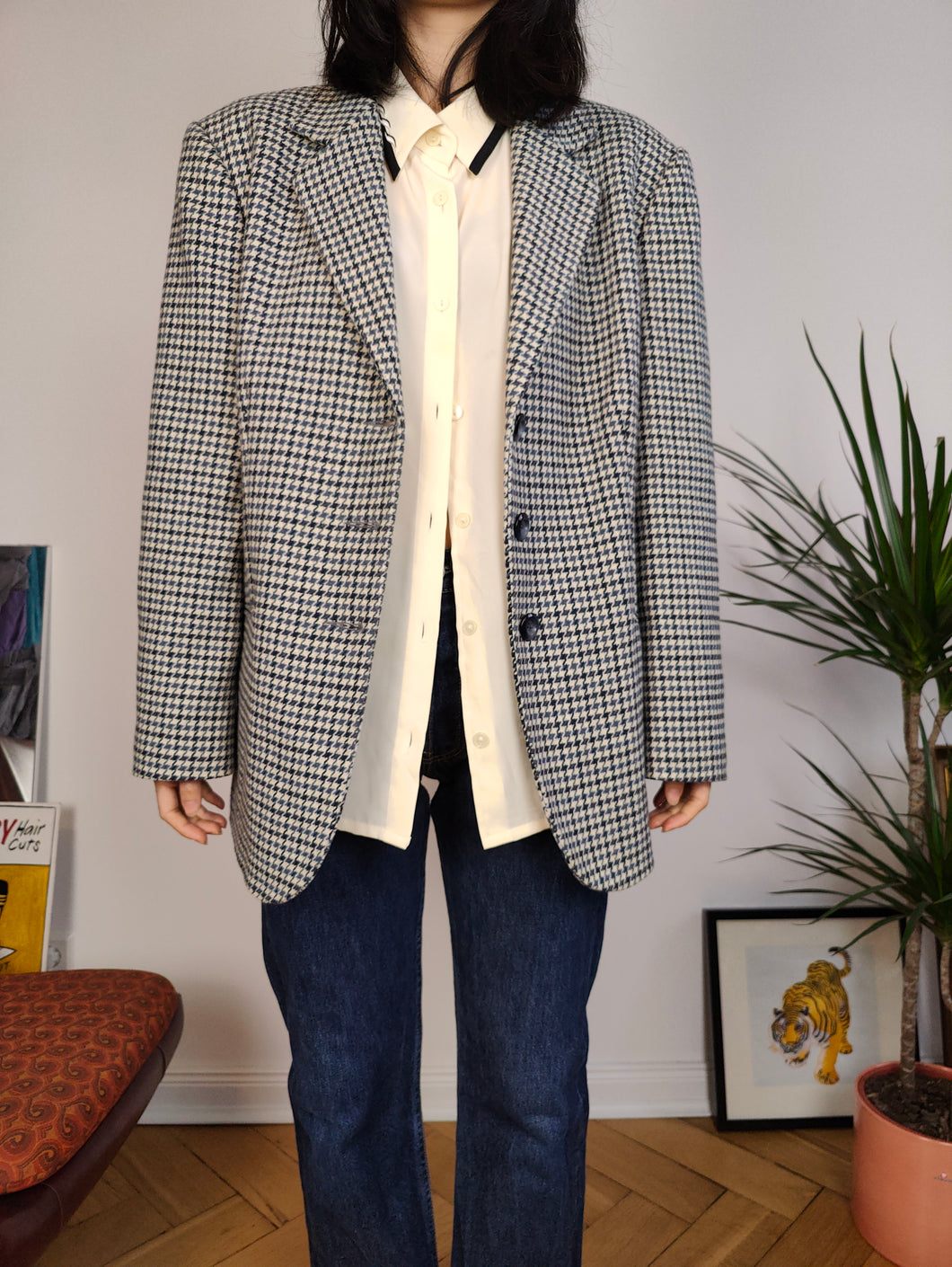 Vintage wool blend blazer blue white checker check tartan pied de poule houndstooth jacket women IT46 EU M