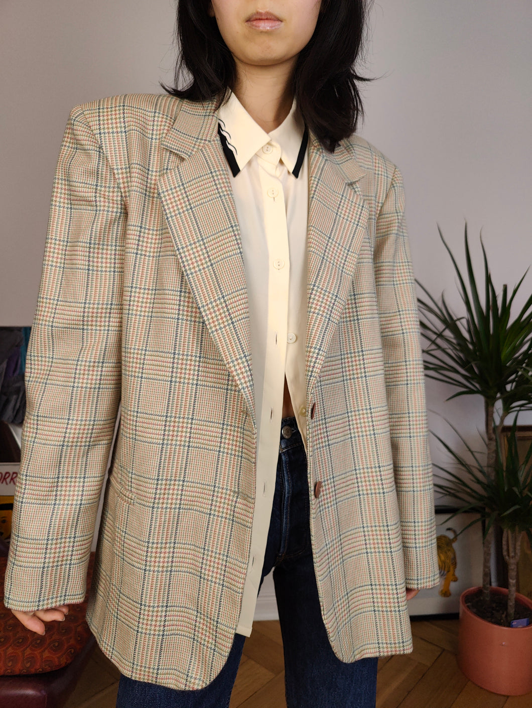 Vintage wool blend blazer beige cream checker check tartan jacket women IT48 EU M