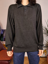 Load image into Gallery viewer, Vintage Merino wool mix knit polo sweater grey plain knitted pullover jumper unisex men M
