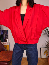 Load image into Gallery viewer, Vintage viscose short jacket red plain crop bomber blazer women M
