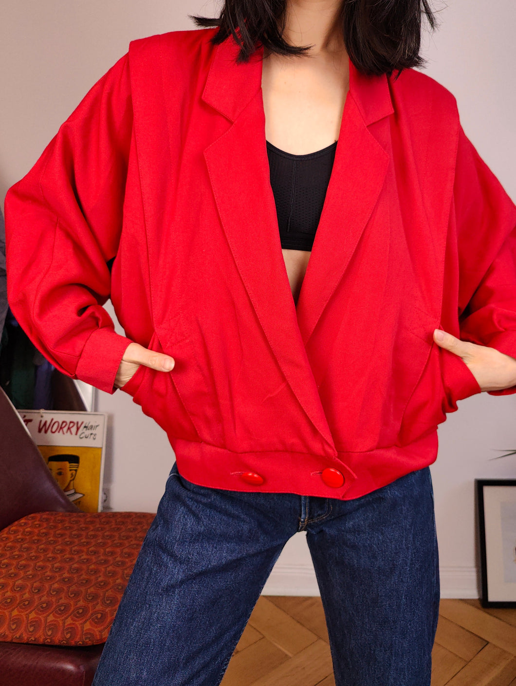 Vintage viscose short jacket red plain crop military blazer batwing sleeves women M