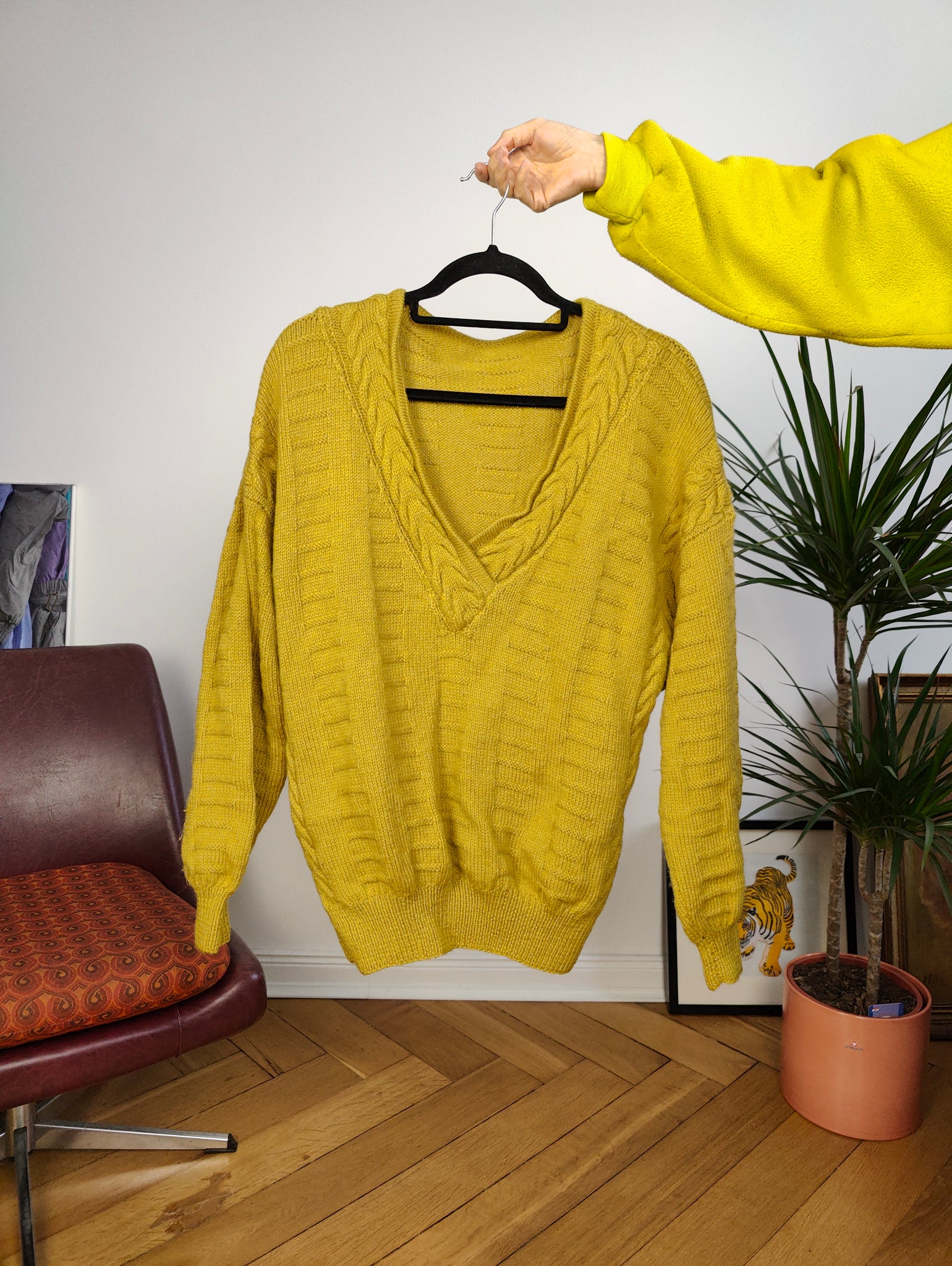Vintage wool blend sweater cable knit mustard yellow plain fall