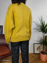 Load image into Gallery viewer, Vintage wool blend sweater cable knit mustard yellow plain fall winter knitted pullover jumper V neck M
