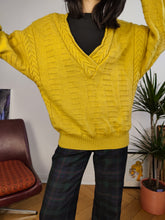 Load image into Gallery viewer, Vintage wool blend sweater cable knit mustard yellow plain fall winter knitted pullover jumper V neck M

