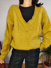 Load image into Gallery viewer, Vintage wool blend sweater cable knit mustard yellow plain fall winter knitted pullover jumper V neck M
