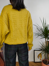 Load image into Gallery viewer, Vintage wool blend sweater cable knit mustard yellow plain fall winter knitted pullover jumper V neck M
