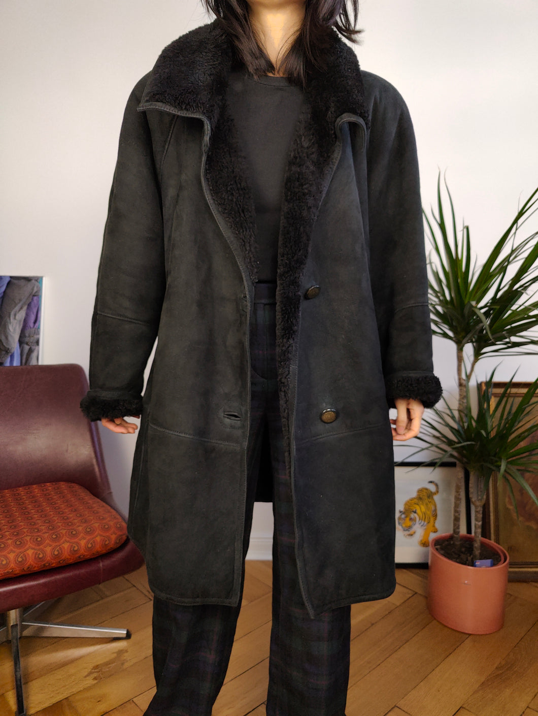Vintage genuine shearling leather coat black sheepskin lambskin suede sherpa Spain 44 M