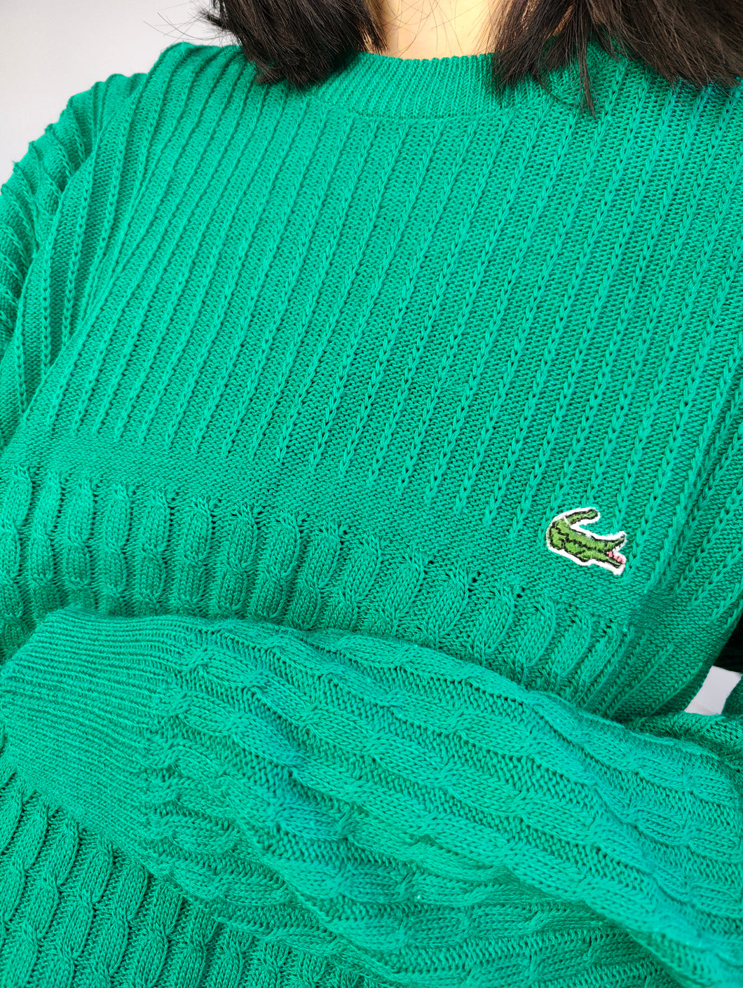 Vintage Lacoste cotton sweater cable knit turquoise green plain fall winter knitted pullover jumper unisex men M