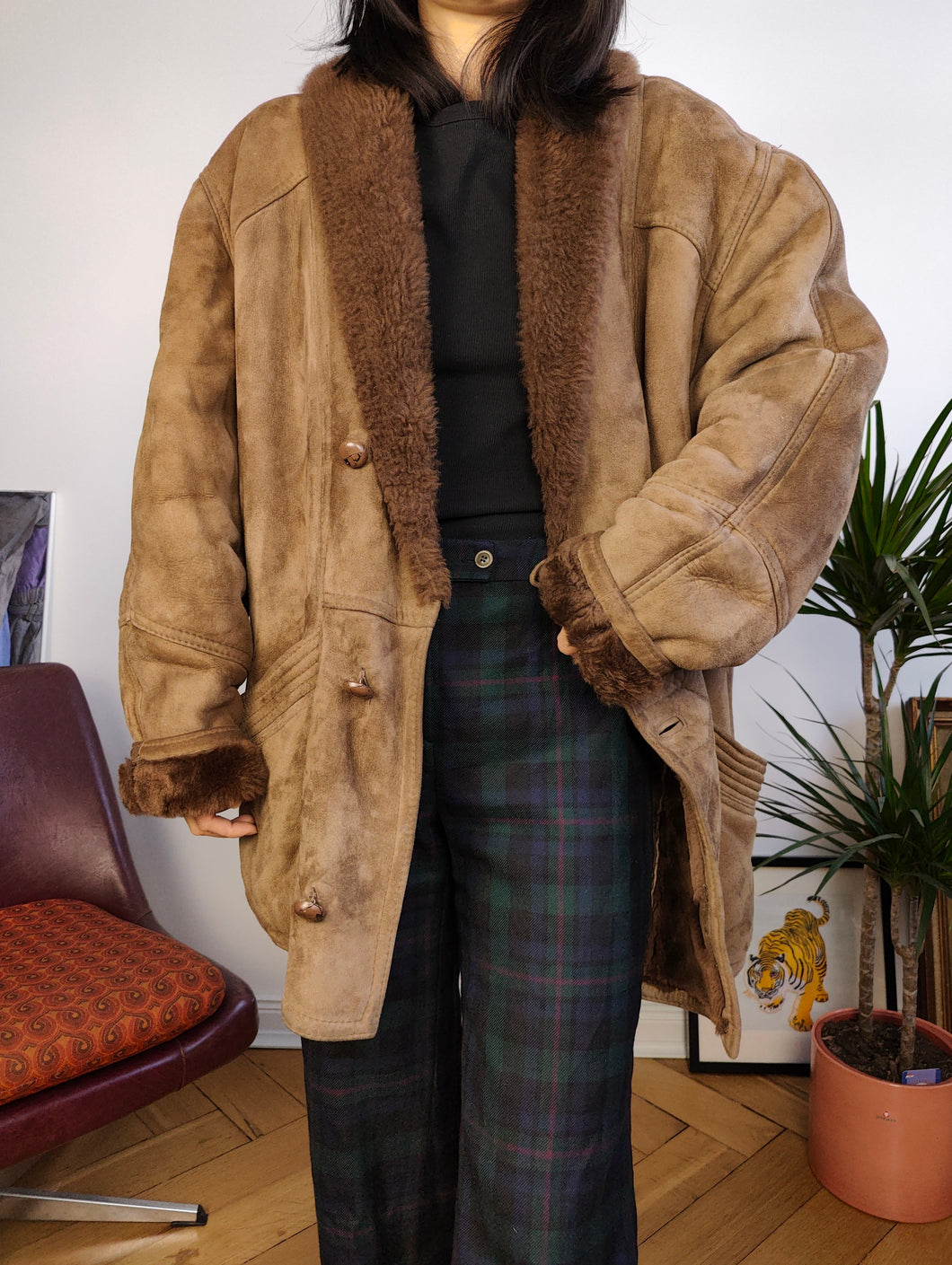 Vintage-Mantel aus echtem Shearling-Leder, braunes Schaffell, Lammfell und Wildleder, Sherpa, Italien, Größe 50, L-XL